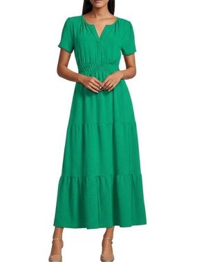 [Never Worn] Leslie Fay Spilt V-Neck Short Sleeve Tiered Skirt Maxi Dress